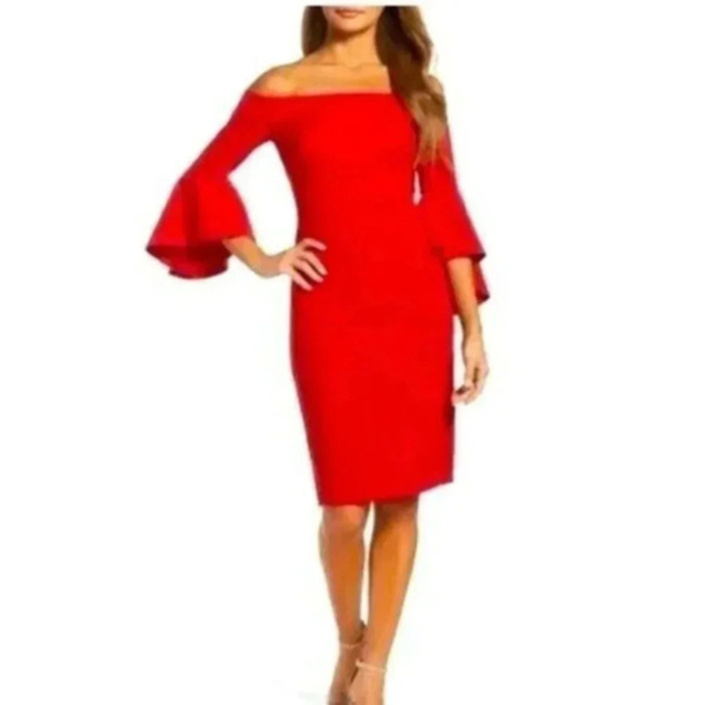 Chelsea 28 off the shoulder flutter sleeve red cocktail dress flawed sz 2P NWOT